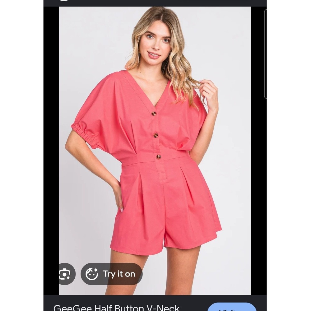 GeeGee Coral Pink Half Button Preppy Barbiecore V-Neck Linen Blend Romper Sz M